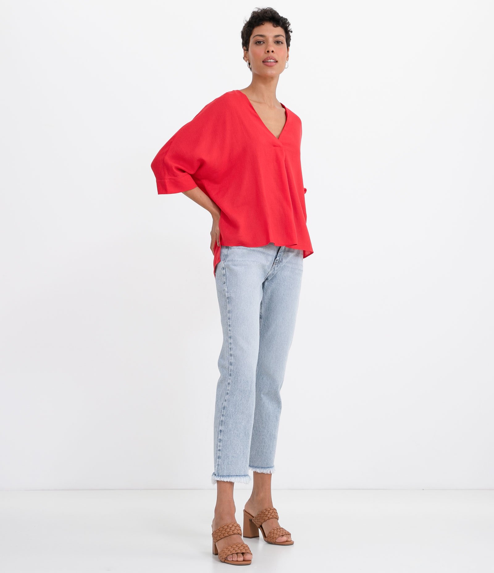 Blusa Decote V Manga 3/4 em Linho  Rosa 6