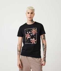 Camiseta Regular em Algodão com Estampa de Orquídeas e Lettering