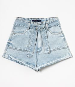 Short Clochard Jeans Liso com Bolsos e Cinto Faixa