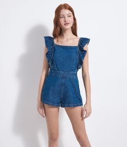 Macaquinho Jeans Liso com Babados e Amarração