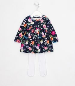 Vestido Infantil Estampa Floral com Meia Calça - Tam 0 a 18 meses