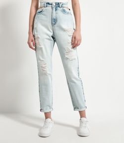 Calça Mom Jeans Lisa com Detalhes Vazados na Cintura