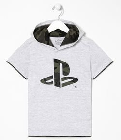 Camiseta Infantil Estampa Playstation Camuflado com Capuz - Tam 5 a 14 anos 