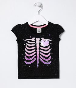 Blusa Infantil Estampa Esqueleto e Coração com Glitter e Paetês - Tam 1 a 5 anos