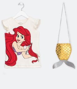 Blusa Infantil Estampa Ariel com Glitter e Bolsinha - Tam 2 a 10 anos