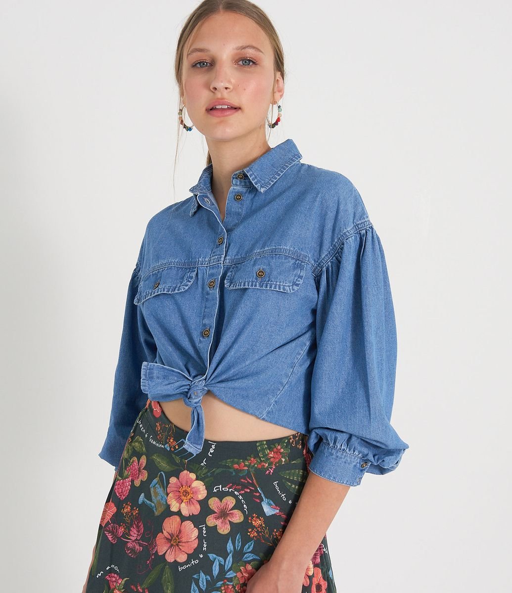blusa ciganinha jeans manga longa