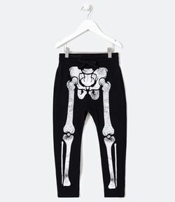 Calça Infantil em Moletom Estampa Esqueleto Halloween - Tam 5 a 14 anos 