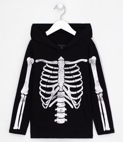 Camiseta Infantil Estampa Esqueleto Halloween com Capuz - Tam 5 a 14 anos 