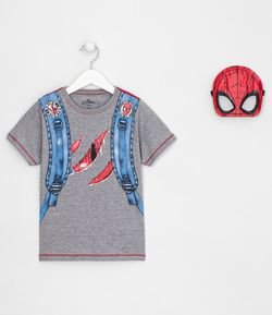 Camiseta Infantil Estampa Disfarce Homem Aranha com Máscara