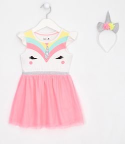 Vestido Infantil Fantasia Unicórnio com Tiara  - Tam 1 a 5 anos 