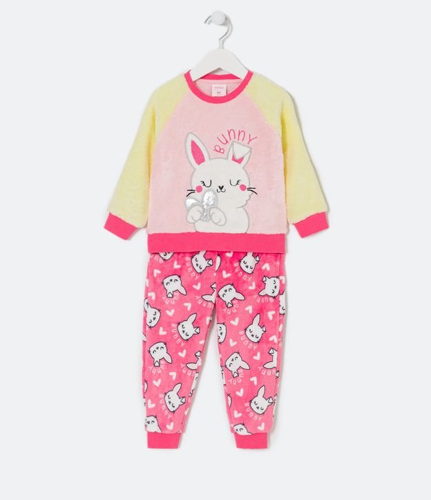 Pijama Largo Infantil en Fleece con Bordado de Conejo - Talle 1 a 5 años Rosado 1