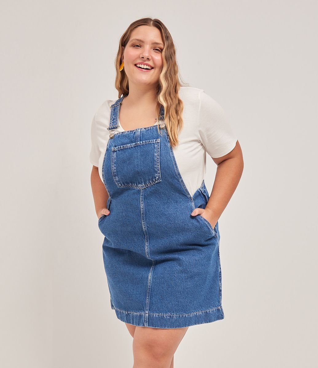 vestido salopete jeans plus size
