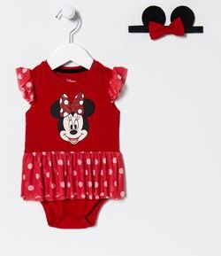 Vestido Body Infantil Minnie com Sainha de Tule e Faixa de Cabelo - Tam 0 a 18 meses