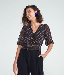 Blusa Gola V Transpassada Manga 3/4 com Barra em Lastex