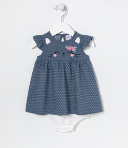 Vestido Infantil com Calcinha Estampa Corações e Gatinha - Tam 0 a 18 meses
