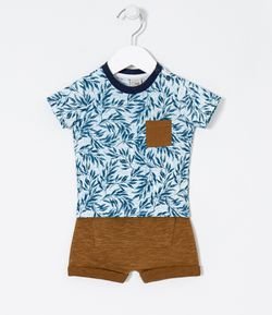 Conjunto Infantil Camiseta Estampa Folhagem e Bermuda Saruel - Tam 0 a 18 meses