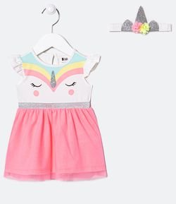 Vestido Infantil Estampa Unicórnio e Saia em Tule com Glitter - Tam 0 a 18 meses