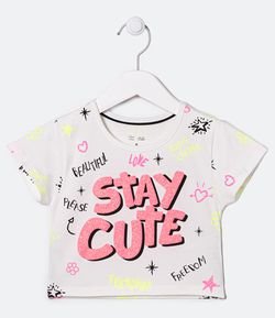 Blusa Infantil Cropped Estampa Stay Cute com Glitter - Tam 5 a 14 anos