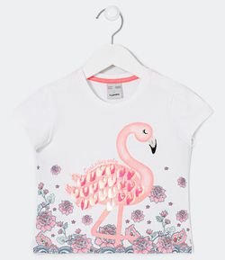 Blusa Infantil Estampa Flamingos com Paetês - Tam 5 a 14 anos