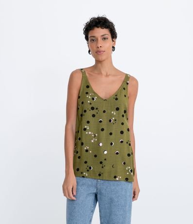 Blusa Regata em Viscose com Estampa Poá e Botões nas Costas Menor preço em Blusa Regata em Viscose com Estampa Poá e Botões nas Costas