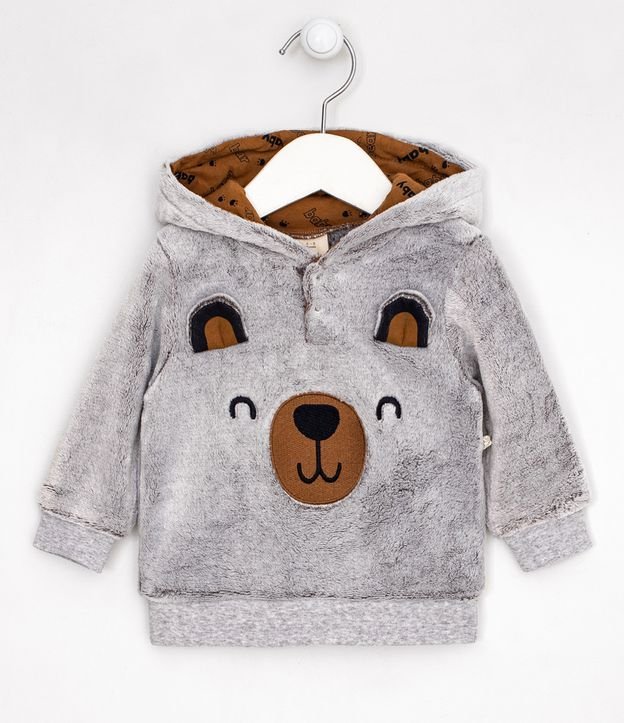 Blusão Infantil em Fleece com Bordado de Urso - Tam 0 a 18 meses Cinza 1