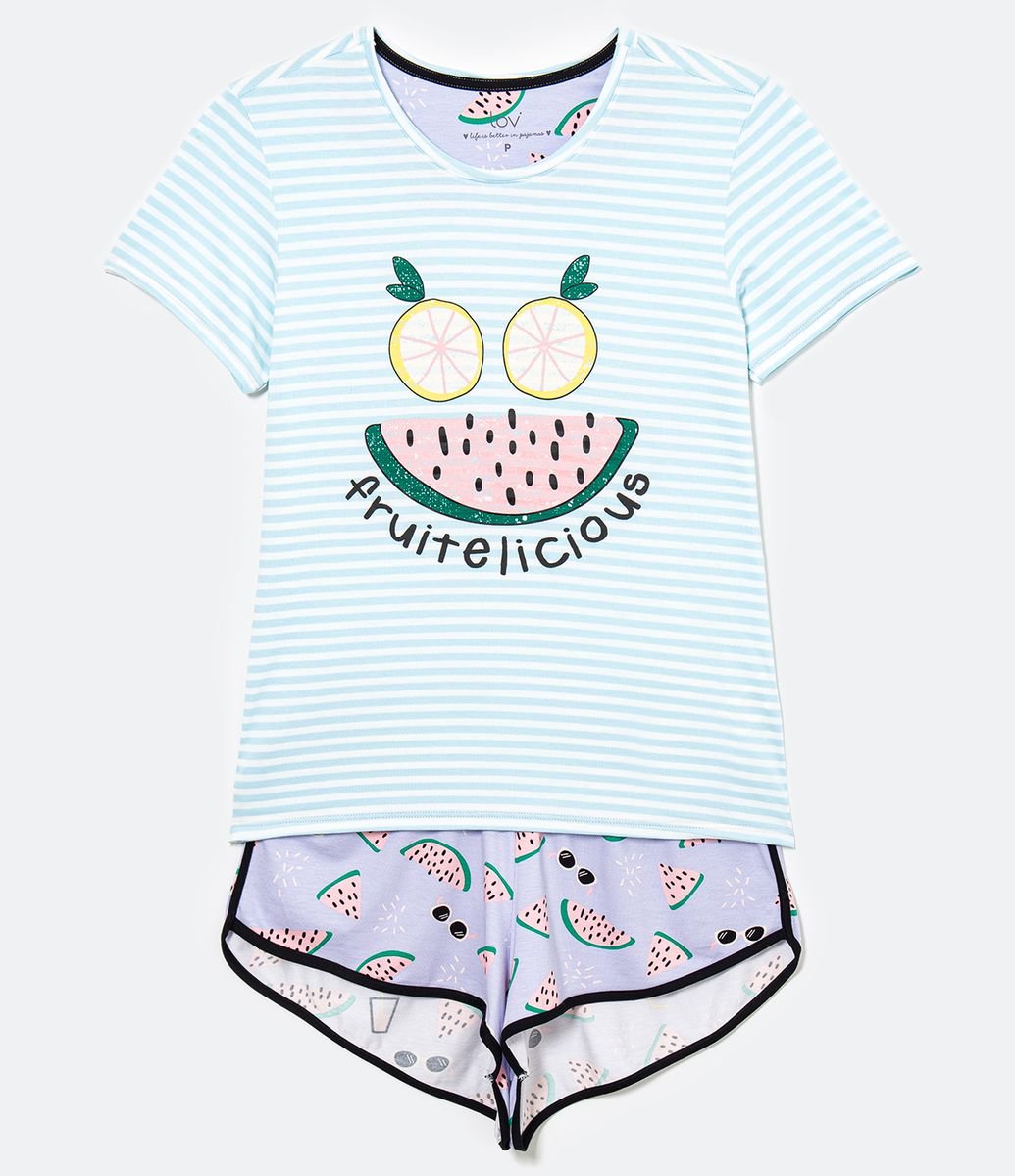 Pijama Manga Curta Listrado Estampa Fruitelicious com Short Menor preço em Pijama Manga Curta Listrado Estampa Fruitelicious com Short