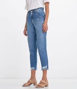 Calça Mom Jeans Lisa com Puídos e Cós Elástico