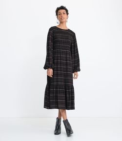Vestido Midi em Viscose com Mangas Longas e Fio Metalizado