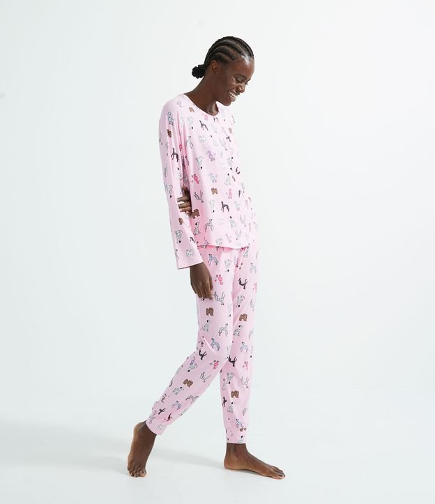 Pijama Blusa Manga Larga y Pantalón Estampa de Perros Tacto Suave Rosado 1