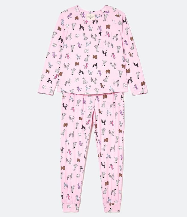 Pijama Blusa Manga Larga y Pantalón Estampa de Perros Tacto Suave Rosado 5