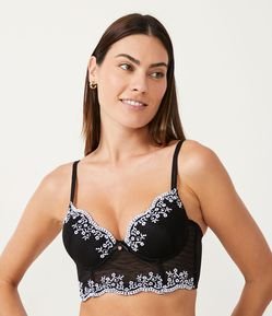 Sutiã Alongado em Tule com Bojo Oco e Bordado Contrastante