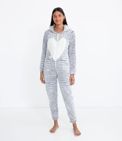 Pijama Macacão em Fleece Estampa Gatinho com Capuz
