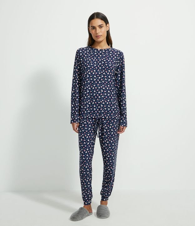 Pijama Remera Manga Larga y Pantalón con Estampa de Flores Azul 1