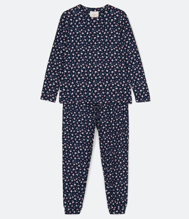 Pijama Remera Manga Larga y Pantalón con Estampa de Flores Azul 5