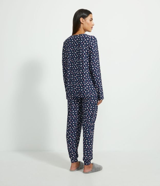 Pijama Remera Manga Larga y Pantalón con Estampa de Flores Azul 2