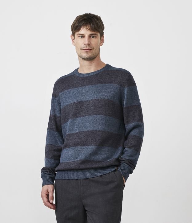 Suéter Comfort em Algodão com Listras e Punho Ajustado - Cor: Azul Escuro - Tamanho: GG