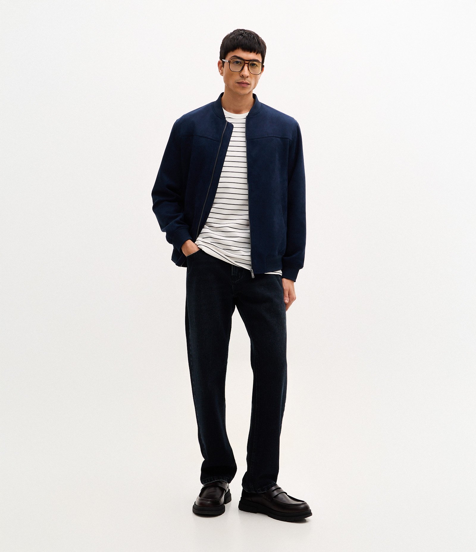 Jaqueta Bomber com Zíper e Bolsos Azul Marinho 1