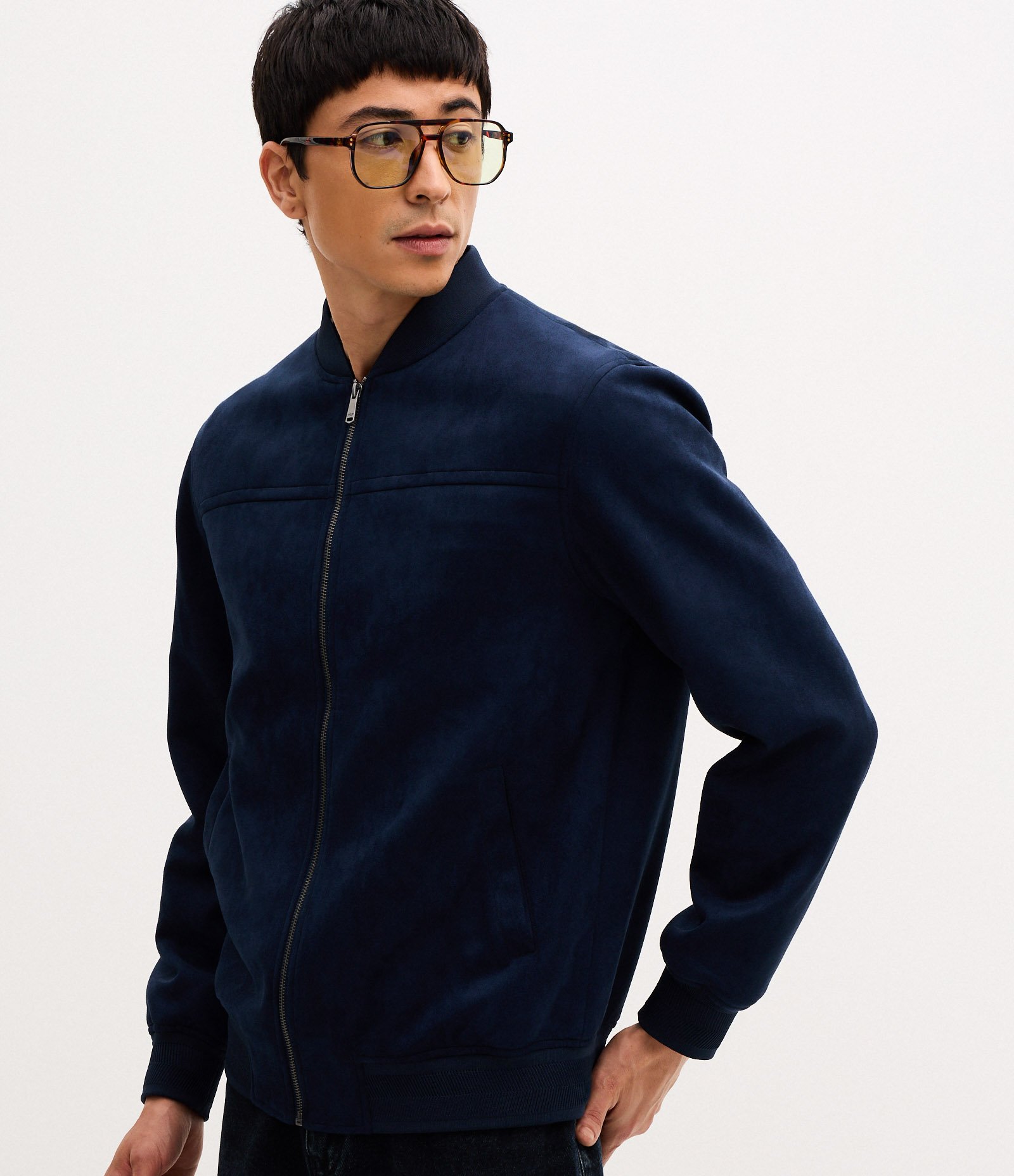 Jaqueta Bomber com Zíper e Bolsos Azul Marinho 3