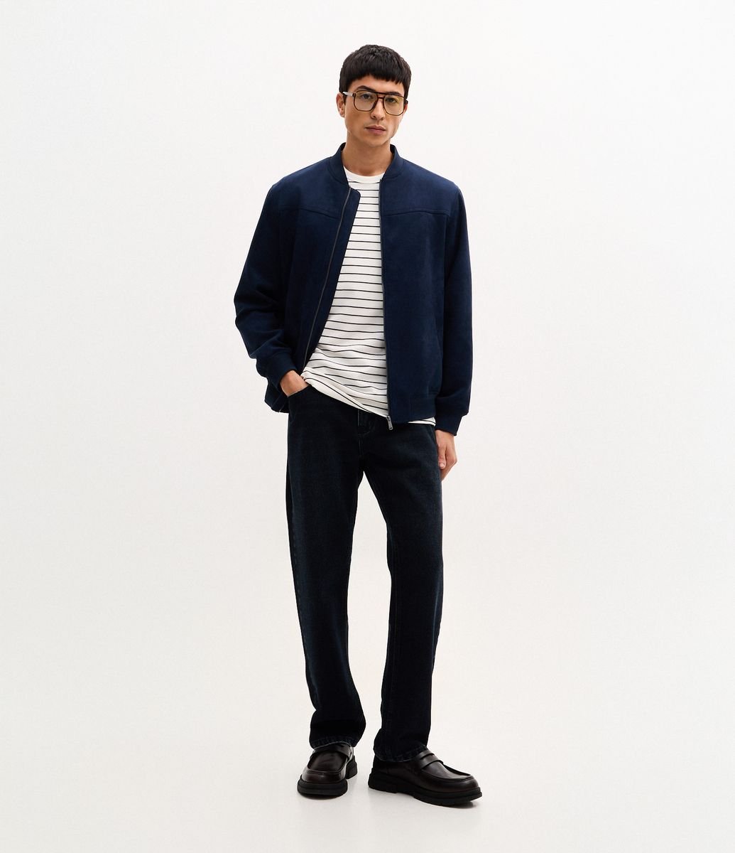 Jaqueta Bomber com Zíper e Bolsos Azul Marinho