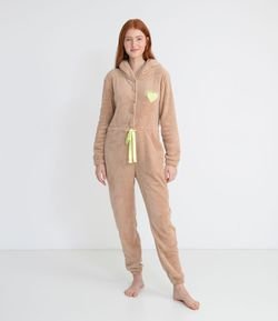 Pijama Mono en Fleece con Capucha de Orejas y Bordados de Corazón