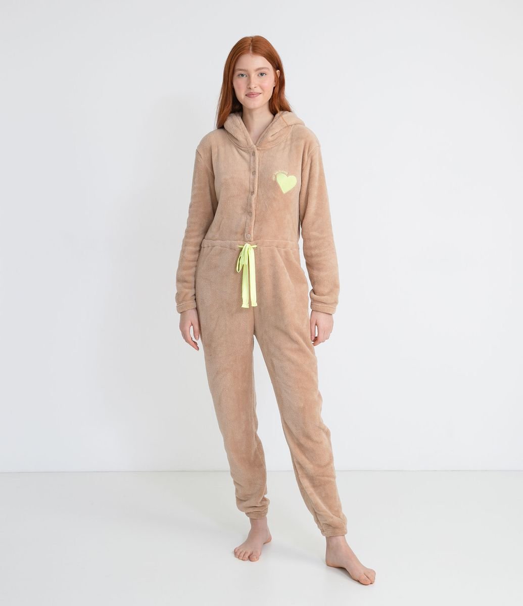 Pijama Macacão em Fleece com Capuz de Orelhinhas e Bordado de Coração Menor preço em Pijama Macacão em Fleece com Capuz de Orelhinhas e Bordado de Coração