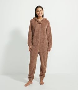 Pijama Macacão em Fleece com Capuz Estampa Esquilo
