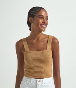 Blusa Cropped Alça Larga em Tricô com Pregas Frontais e Fio Metalizado