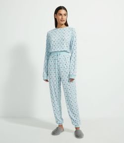 Pijama Blusa Manga Longa e Calça em Tricô com Estampa Floral