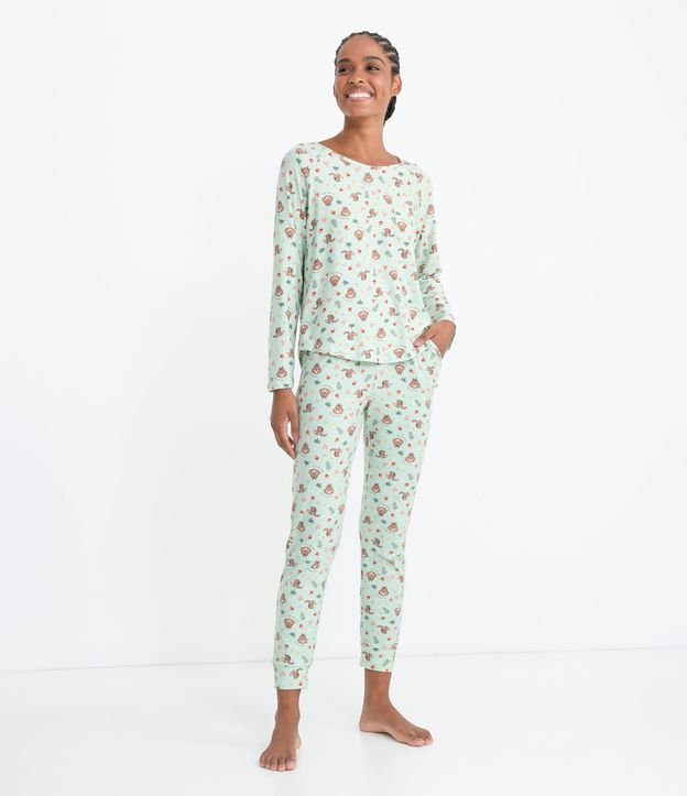 Pijama Remera Manga Larga y Pantalón Estampa de Ardilla y Bolsillo Frontal Verde 1