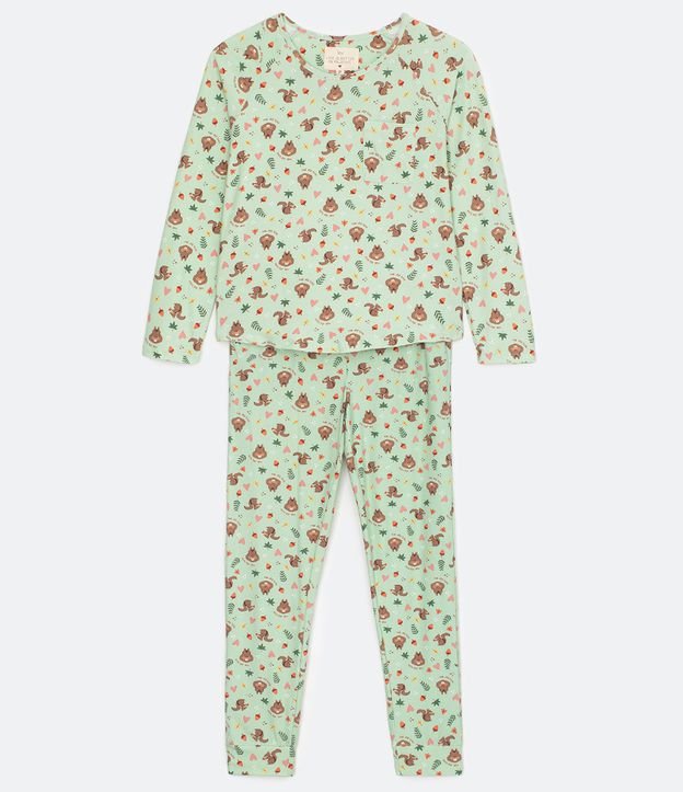 Pijama Remera Manga Larga y Pantalón Estampa de Ardilla y Bolsillo Frontal Verde 8