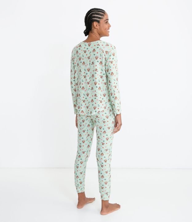 Pijama Remera Manga Larga y Pantalón Estampa de Ardilla y Bolsillo Frontal Verde 2