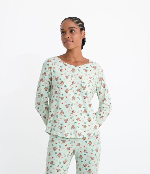 Pijama Remera Manga Larga y Pantalón Estampa de Ardilla y Bolsillo Frontal Verde 3