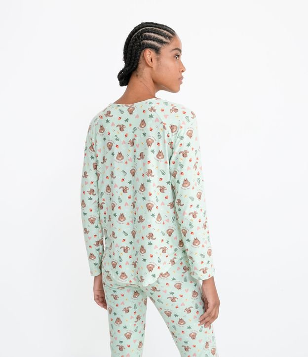 Pijama Remera Manga Larga y Pantalón Estampa de Ardilla y Bolsillo Frontal Verde 5