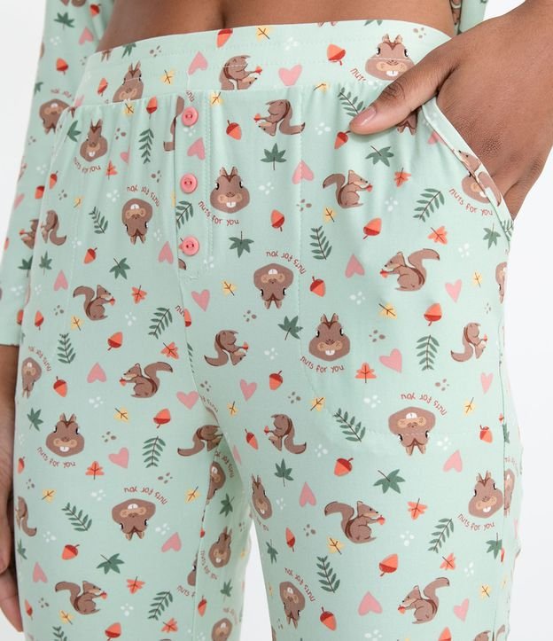 Pijama Remera Manga Larga y Pantalón Estampa de Ardilla y Bolsillo Frontal Verde 7